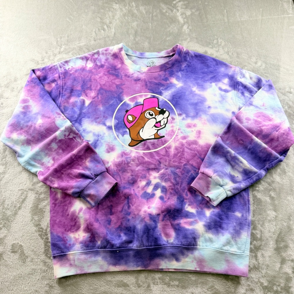 Buc-ee's Women's Medium Tie Dye Sweatshirt Purple Graphic Beaver Logo Pullover